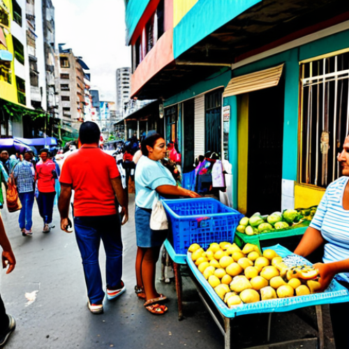 Dolarization in Daily Life**

"A vibrant street market scene in Caracas, Venezuela. People are buying and selling goods, some vendors displaying prices in both Bolivar and US dollars. A woman in modest clothing is paying for groceries with USD. The background shows colorful buildings and bustling activity. Safe for work, appropriate content, fully clothed, professional, perfect anatomy, natural proportions, high quality, realistic style."

**