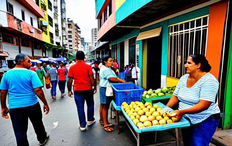 Dolarization in Daily Life**

"A vibrant street market scene in Caracas, Venezuela. People are buying and selling goods, some vendors displaying prices in both Bolivar and US dollars. A woman in modest clothing is paying for groceries with USD. The background shows colorful buildings and bustling activity. Safe for work, appropriate content, fully clothed, professional, perfect anatomy, natural proportions, high quality, realistic style."

**
